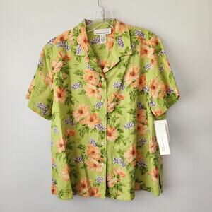 Jones New York Sport Linen Blend Shirt Women's XL Lime Green Floral Cottagecore